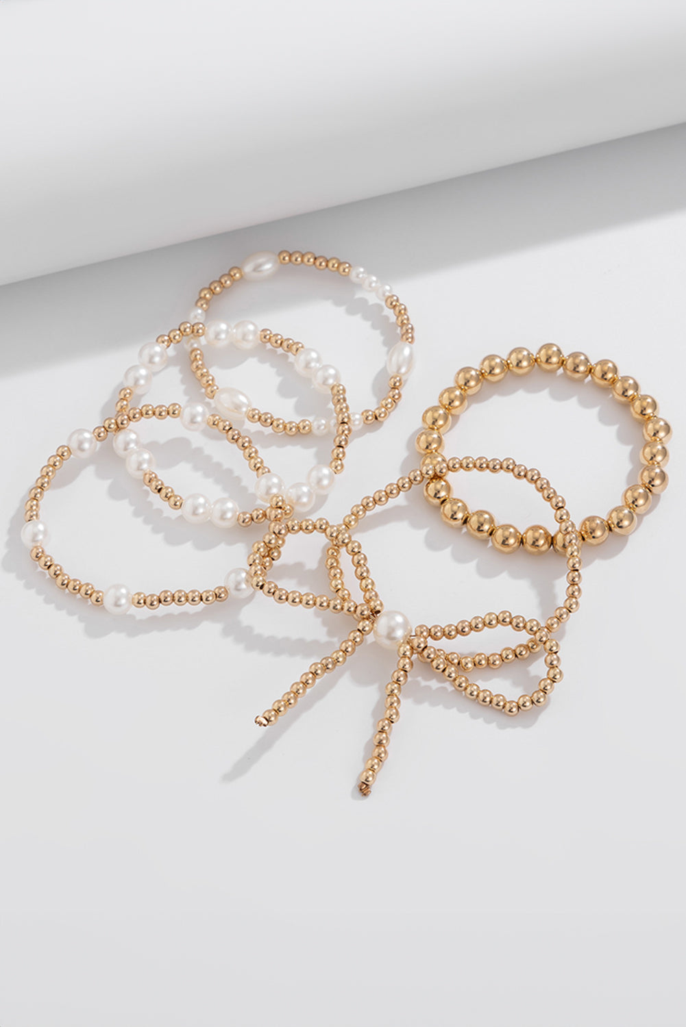 Gold Bow Pearl Beaded Bracelet Set