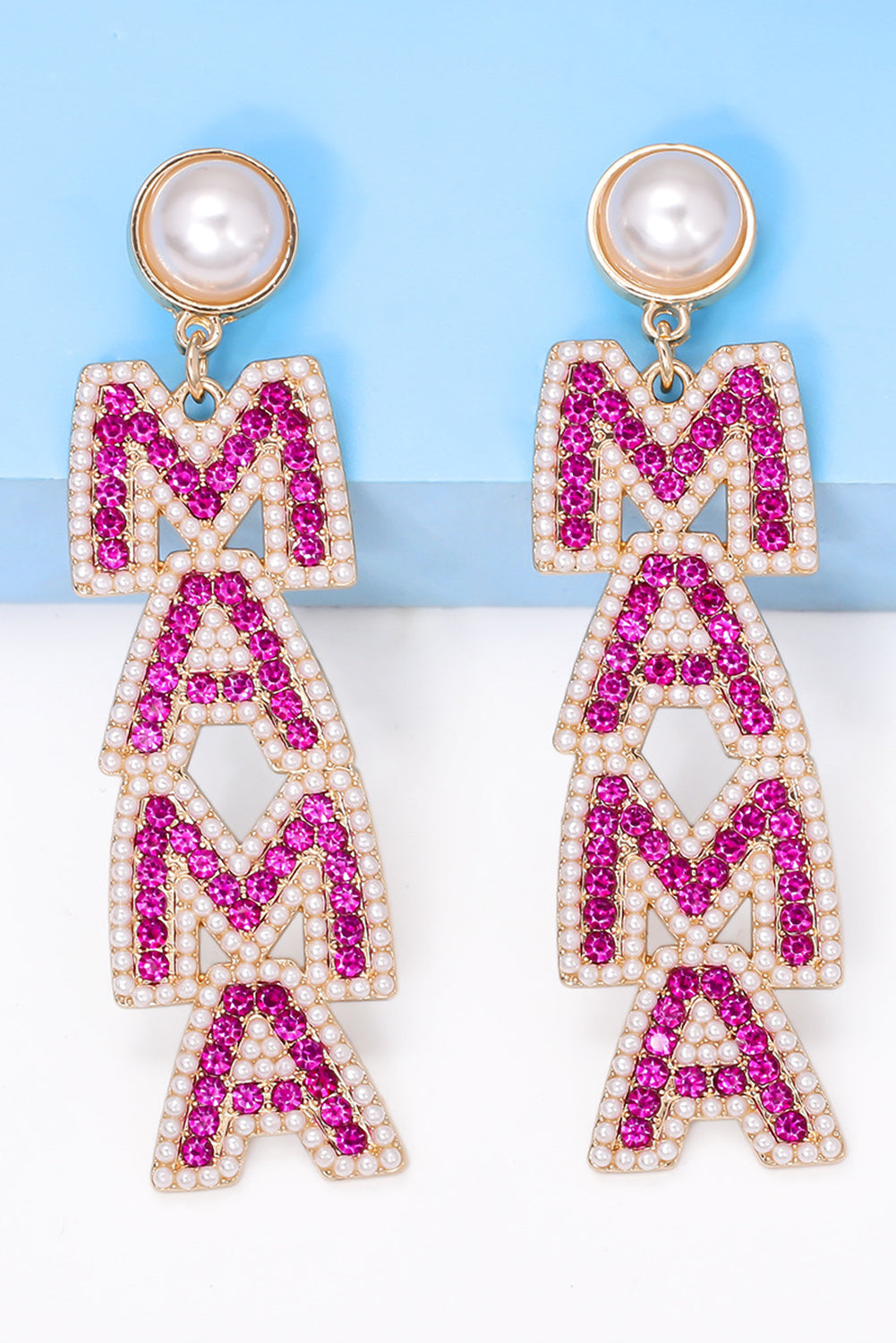 MAMA Rhinestone Pearl Dangle Earrings