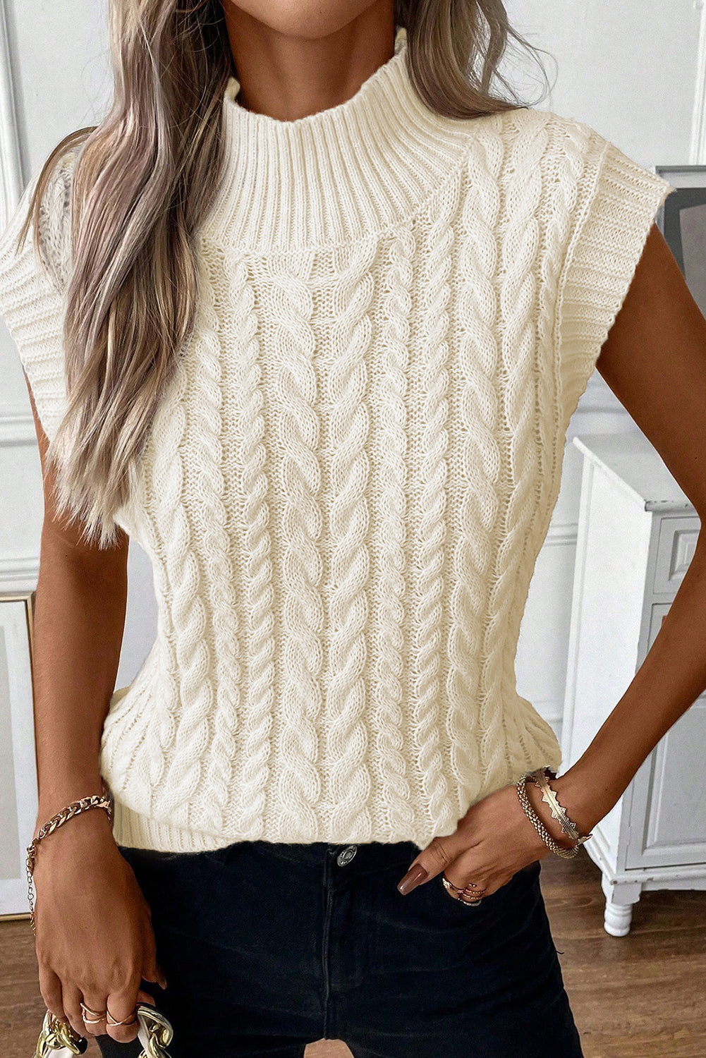 Stone Chic Cable Knit Cap Sleeve Sweater