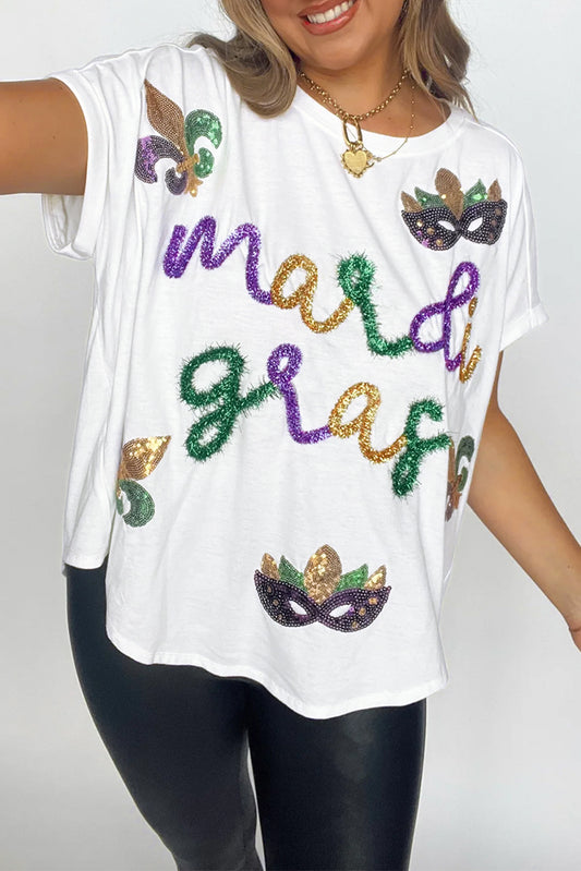 White Mardi Gras Tinsel Sequin Graphic T Shirt