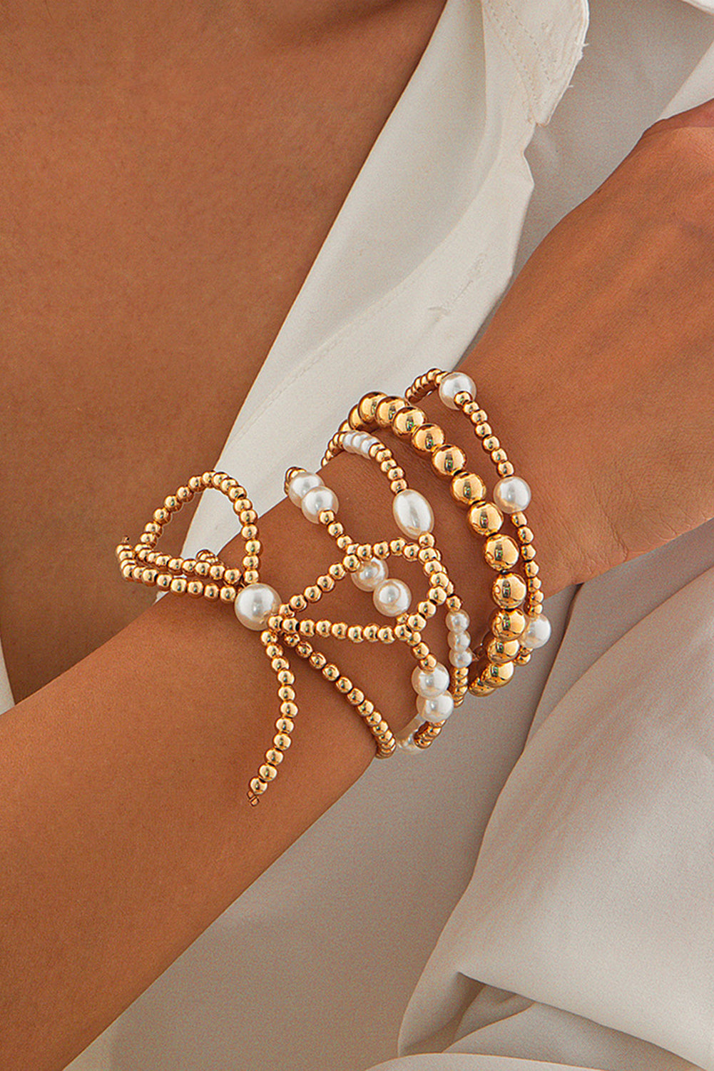 Gold Bow Pearl Beaded Bracelet Set