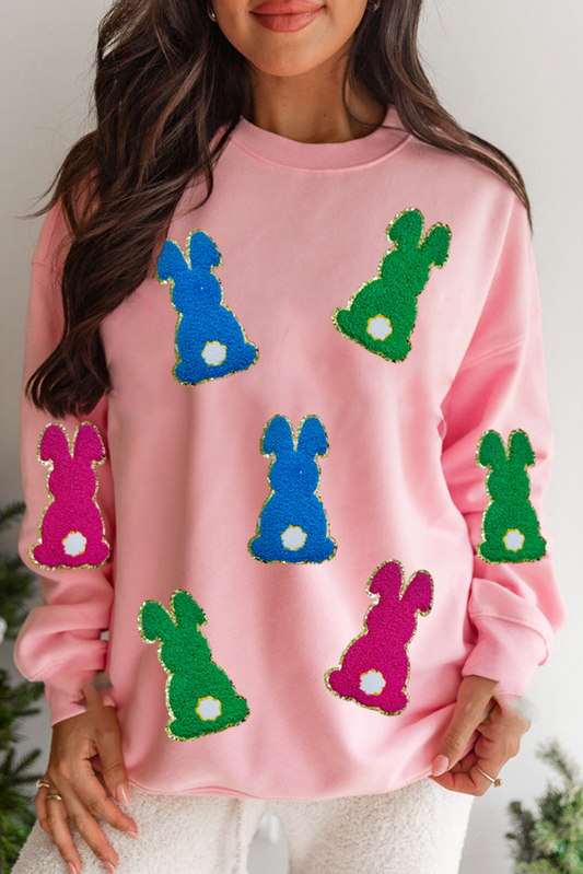 Pink Bunny Chenille Drop Shoulder Sweatshirt