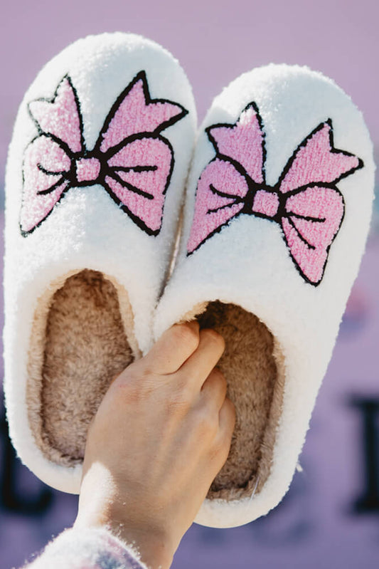 White & Pink Bowknot Fuzzy Slippers