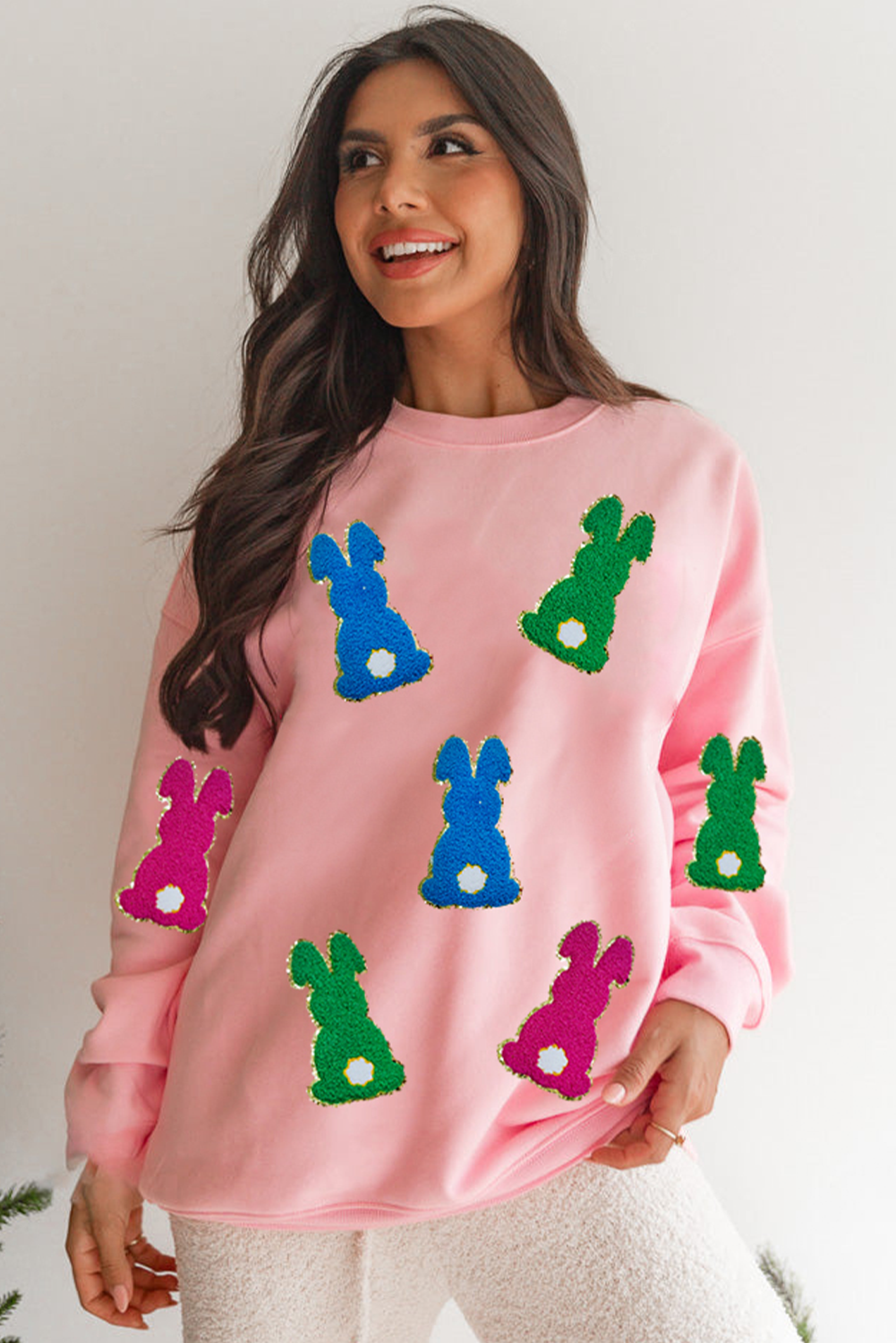 Pink Bunny Chenille Drop Shoulder Sweatshirt