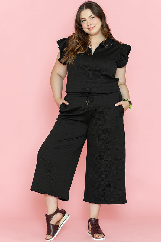 Black Ruffled Sleeve & Wide Leg Pants Set