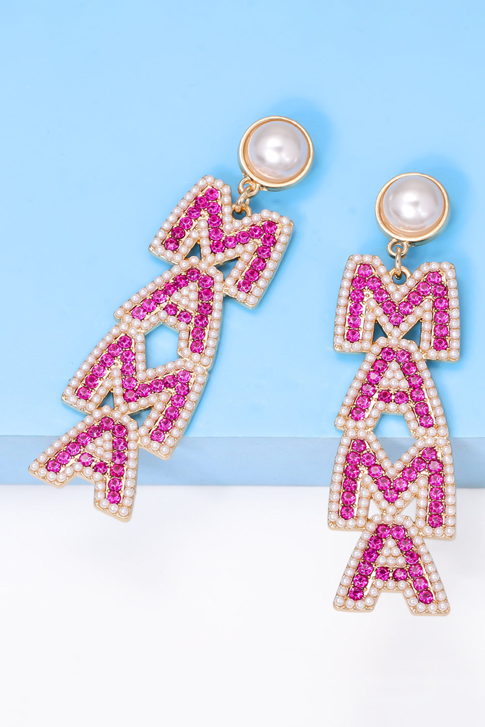 MAMA Rhinestone Pearl Dangle Earrings