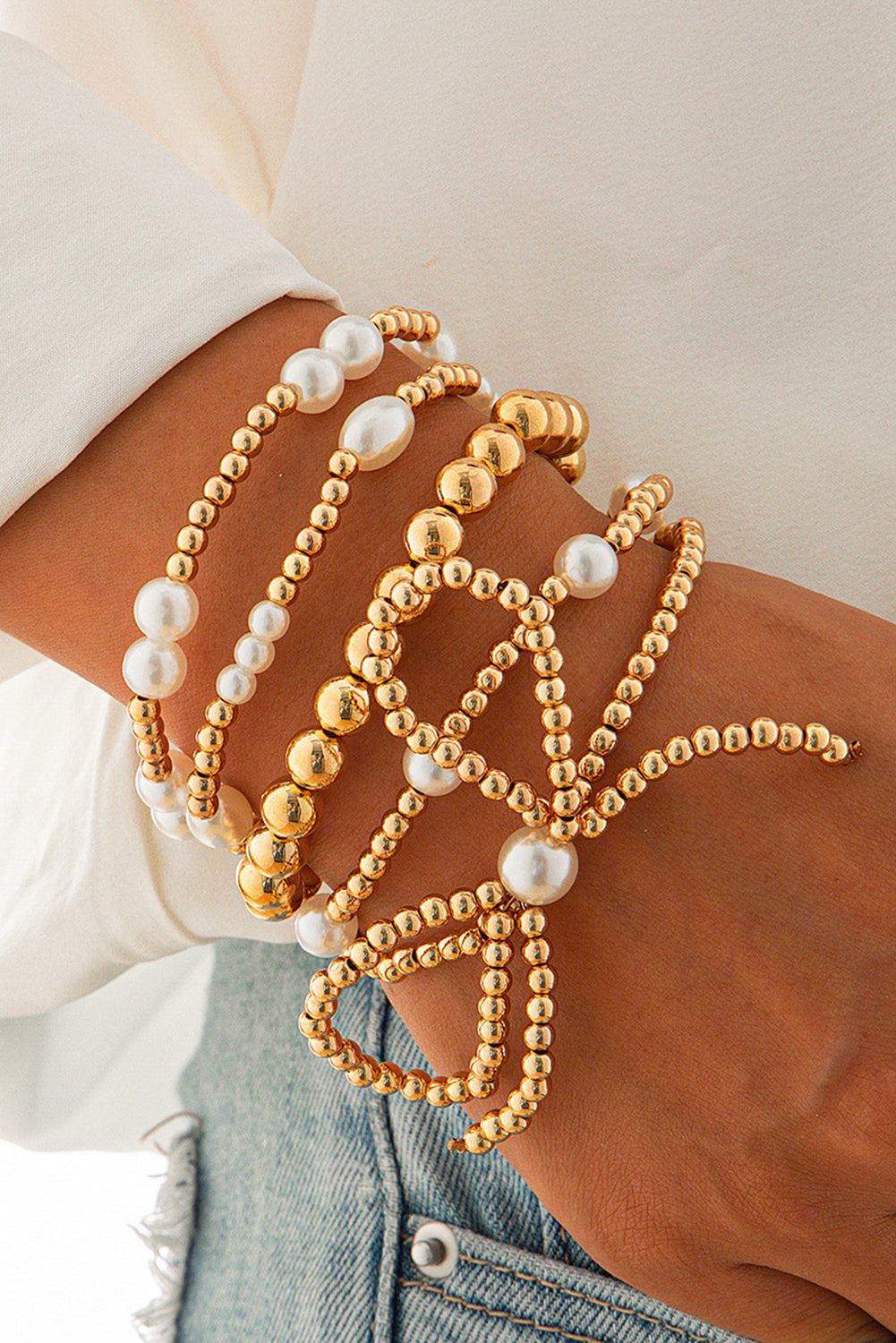 Gold Bow Pearl Beaded Bracelet Set