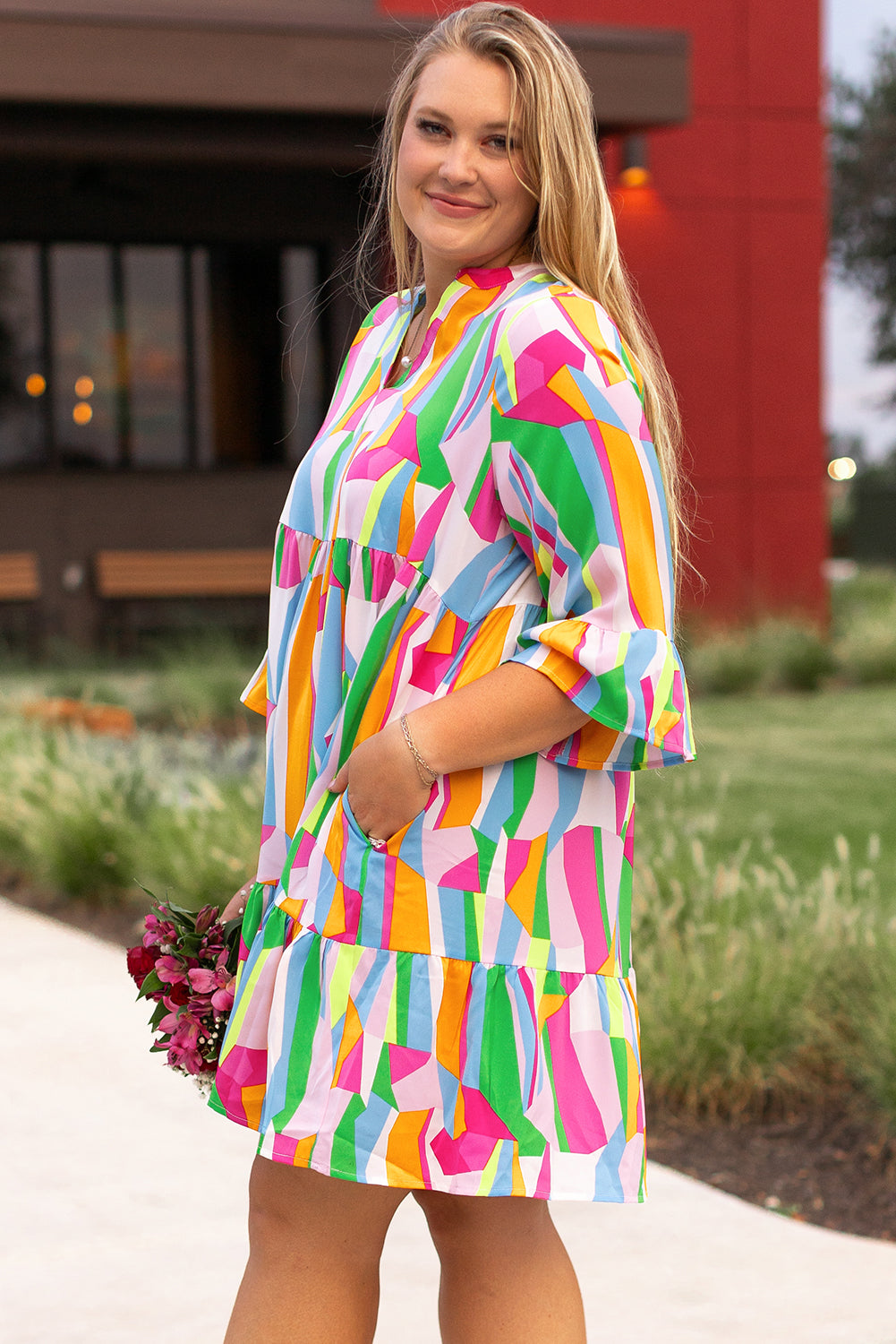 Vibrant Abstract Ruffled Mini Dress