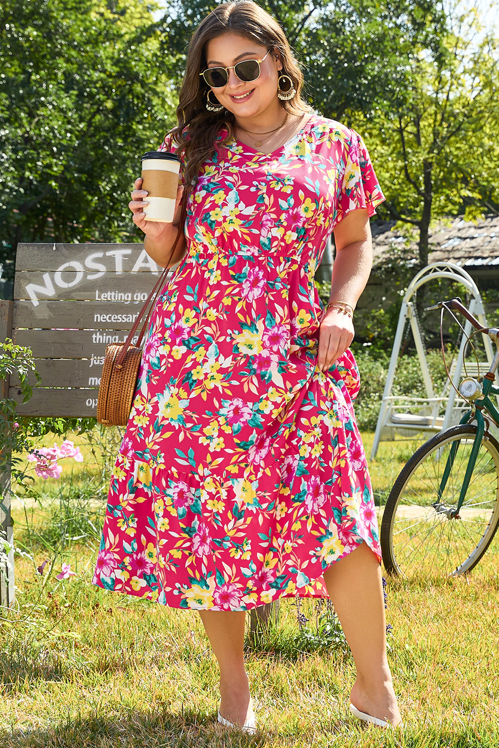 Pink Floral Midi Dress