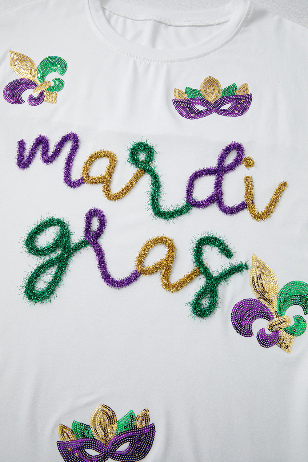 White Mardi Gras Tinsel Sequin Graphic T Shirt