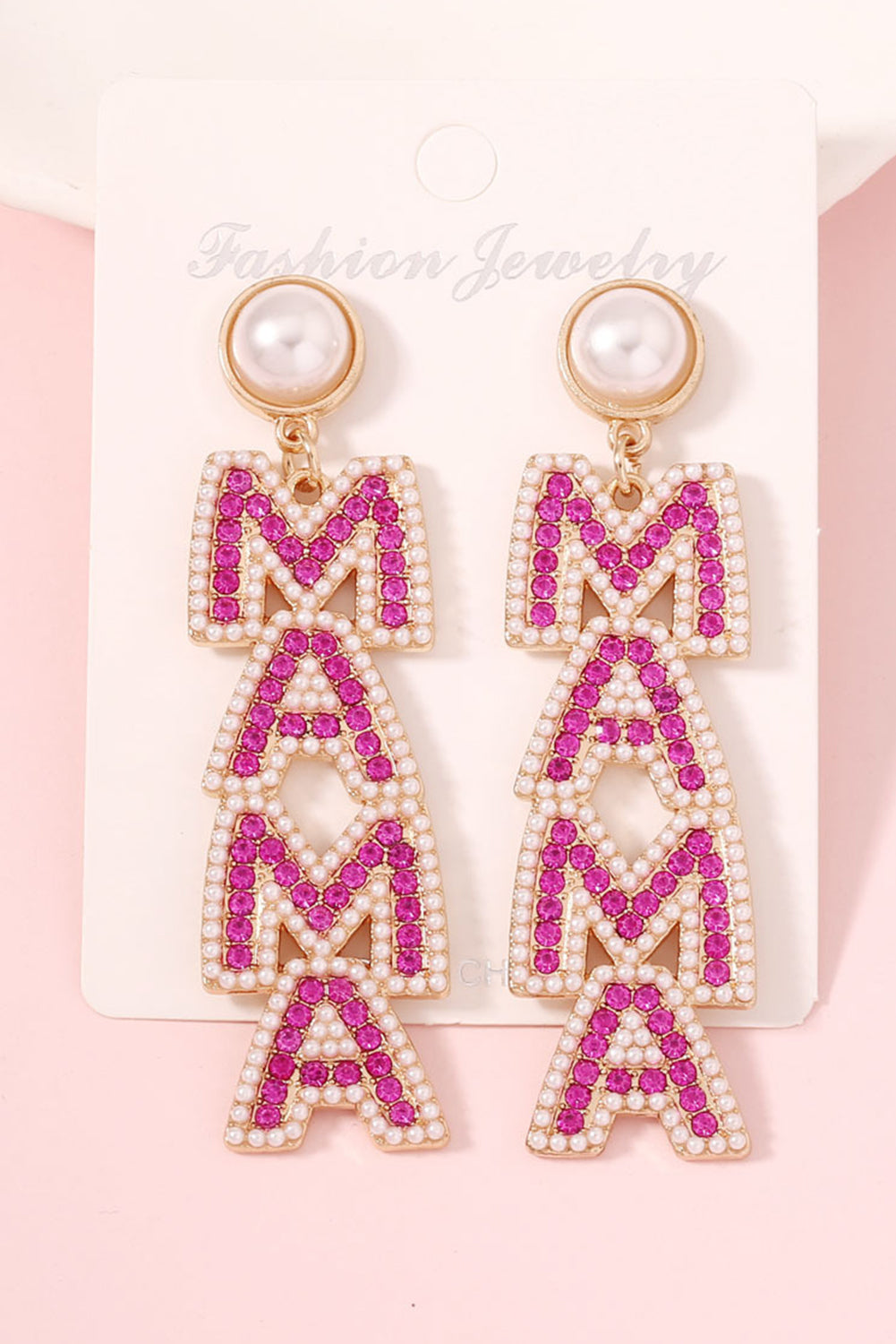 MAMA Rhinestone Pearl Dangle Earrings