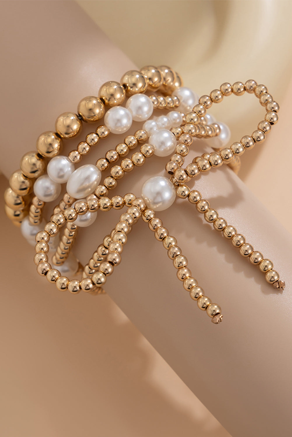 Gold Bow Pearl Beaded Bracelet Set