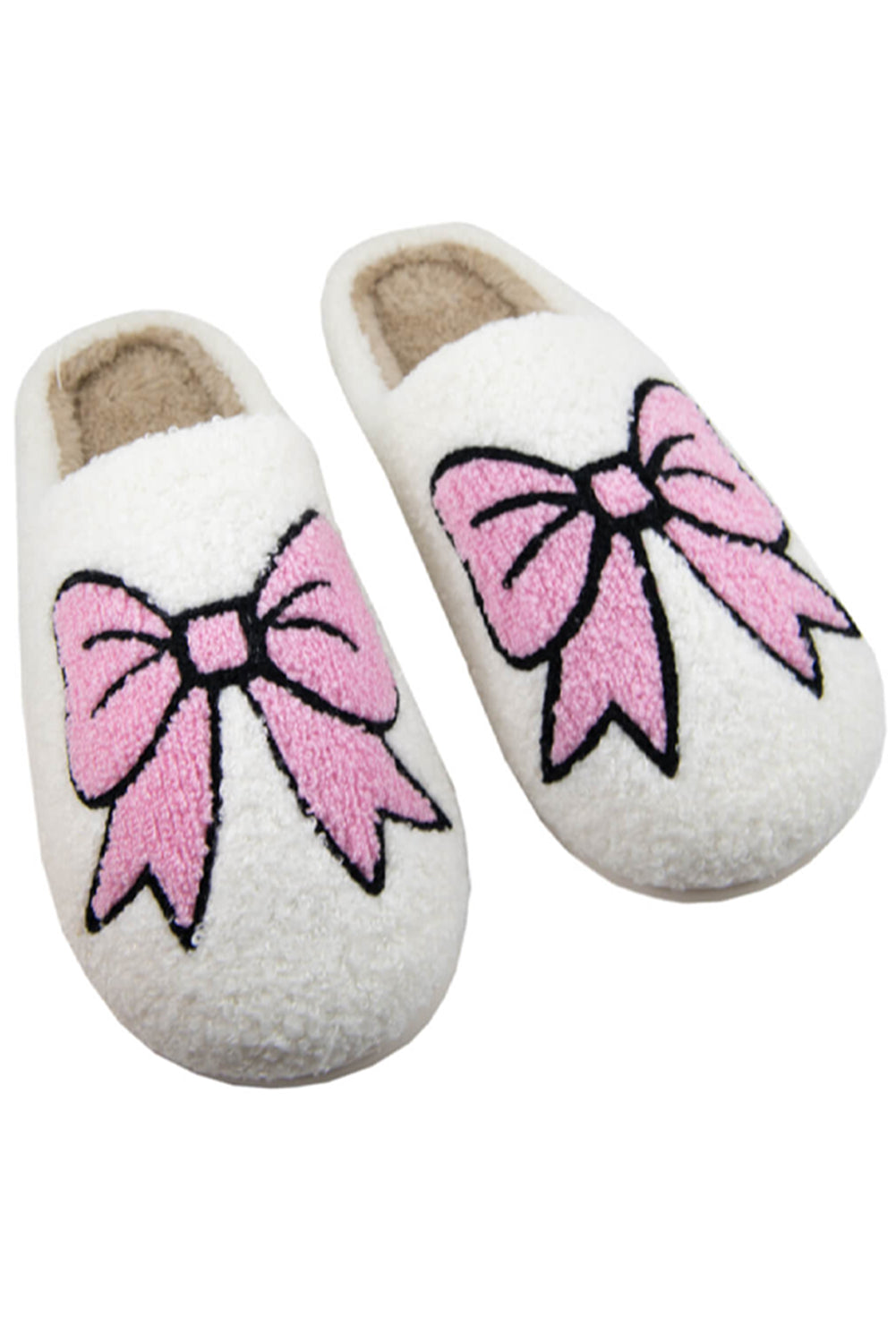 White & Pink Bowknot Fuzzy Slippers