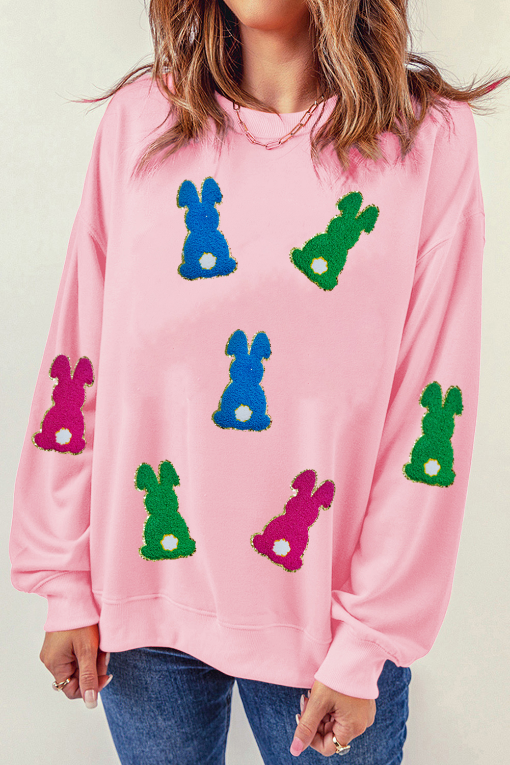 Pink Bunny Chenille Drop Shoulder Sweatshirt